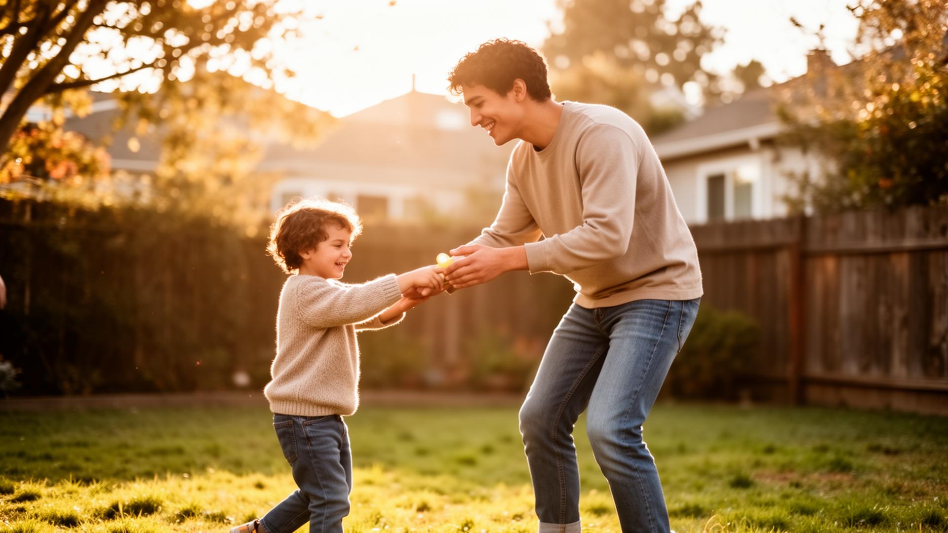 A friendly neighborhood helper playing outdoors with a child on a sunny Bay Area afternoon