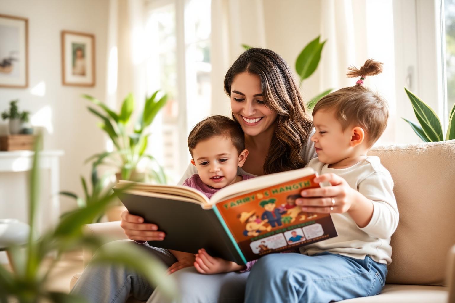 A nanny reading with two young children in a sunny Bay Area living room
